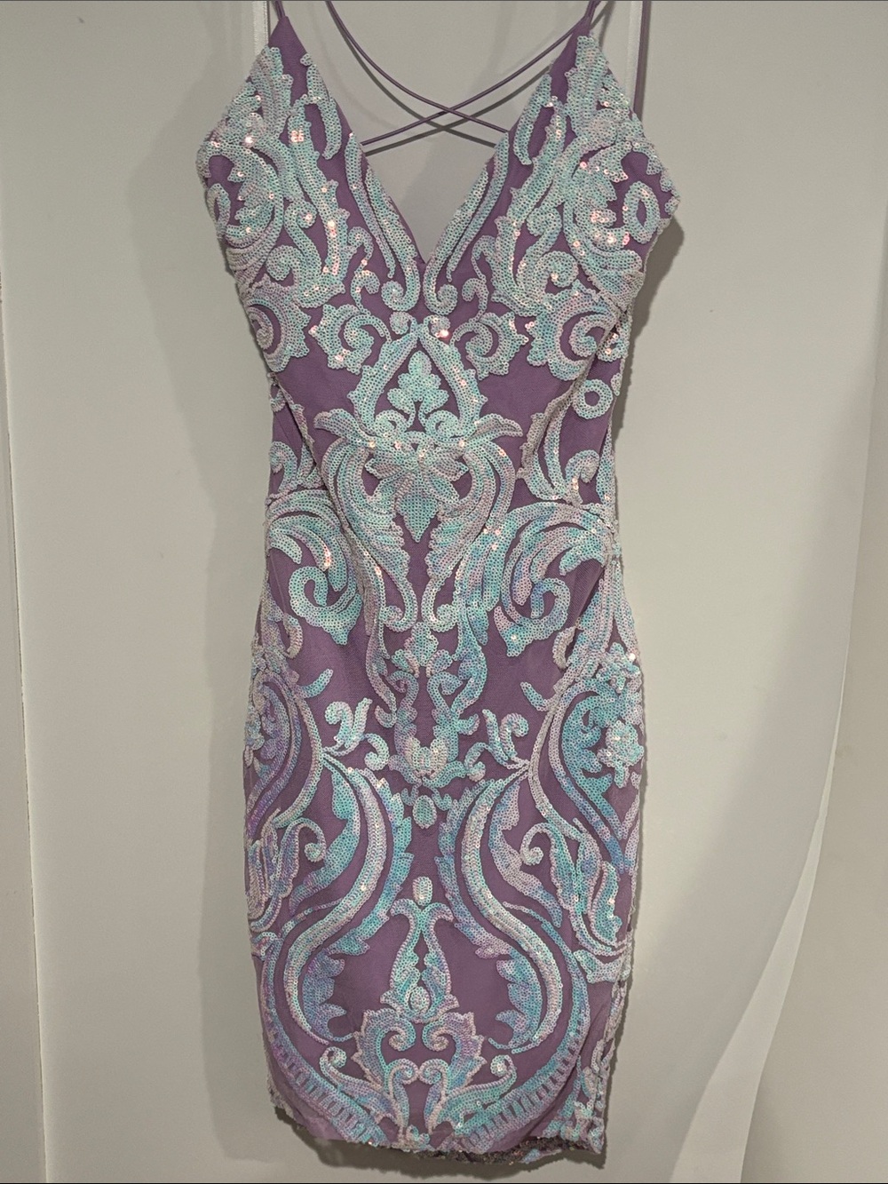 Windsor Purple Mini Dress with White w Aqua iridescence Sequin Embroidery xs